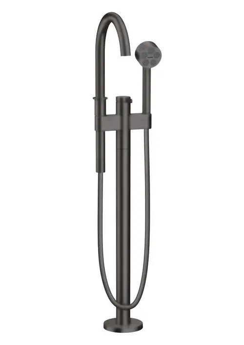 Bodenstehender Einhebel-Wannenmischer in Brushed Black Chrome von AXOR mit Handbrause und flexibler Schlauchführung.